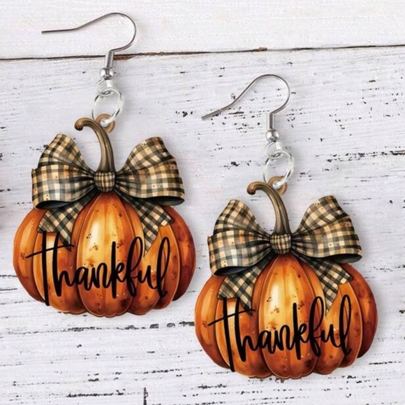 Large Plaid Bow Orange Pumpkin Thanksgiving Thankful Dangle Earrings - Picture 1 of 5
